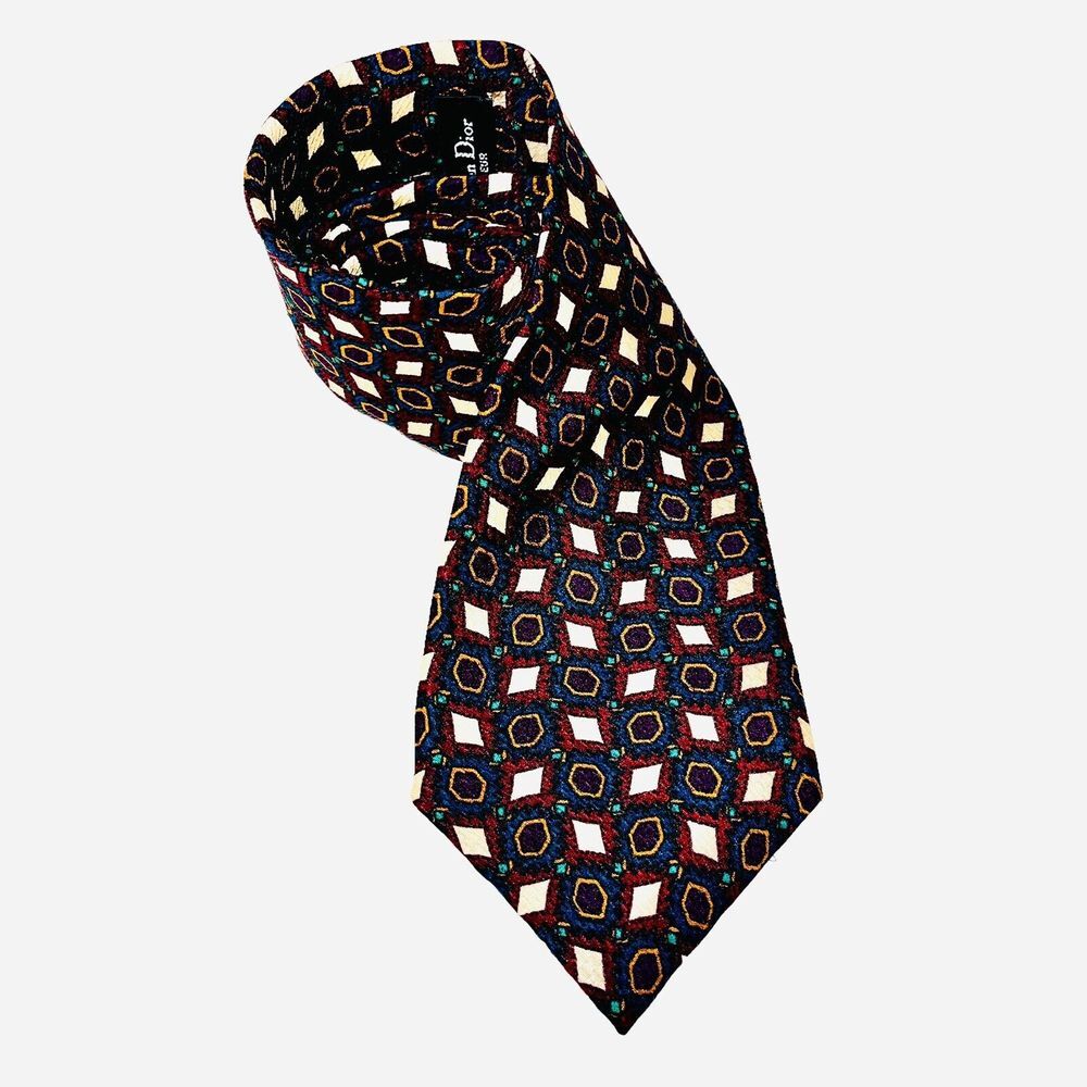 Christian Dior Neck Tie Redβ Blue Green Geometric Silk Made in USA